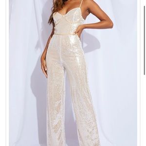 SOLD- Champagne Sequin Binding Detail Strappy Jumpsuit